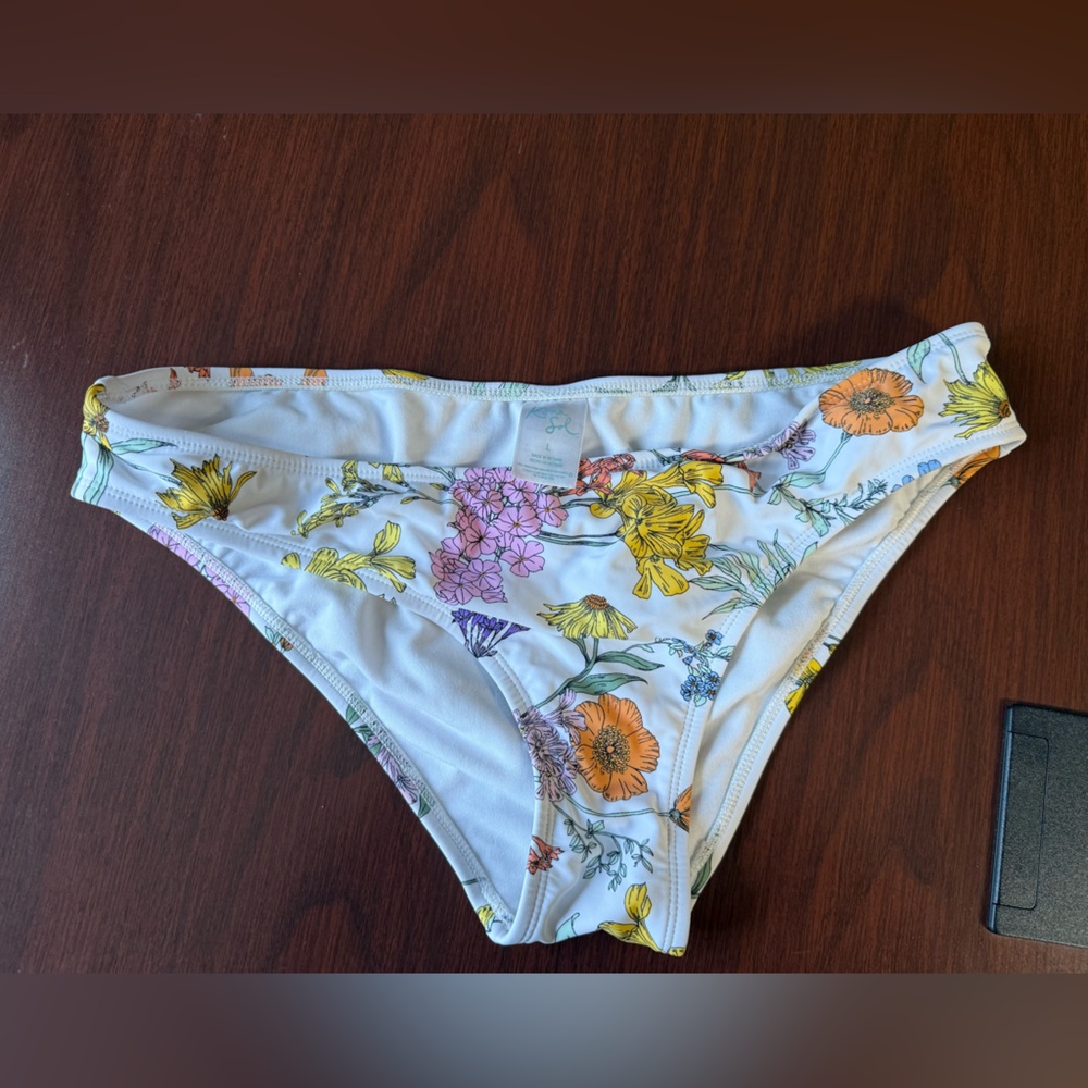 Kona Sol White Floral Bikini Bottom with Pink, Yellow & Orange Blooms